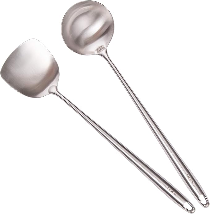 17” Wok Spatula and Ladle - 304 Stainless Steel Wok Tools Set, 2-Pieces Extra Long Handle Cooking Tools, All Metal Wok Utensils and Wok Accessories for Cast Iron/Carbon Steel Wok