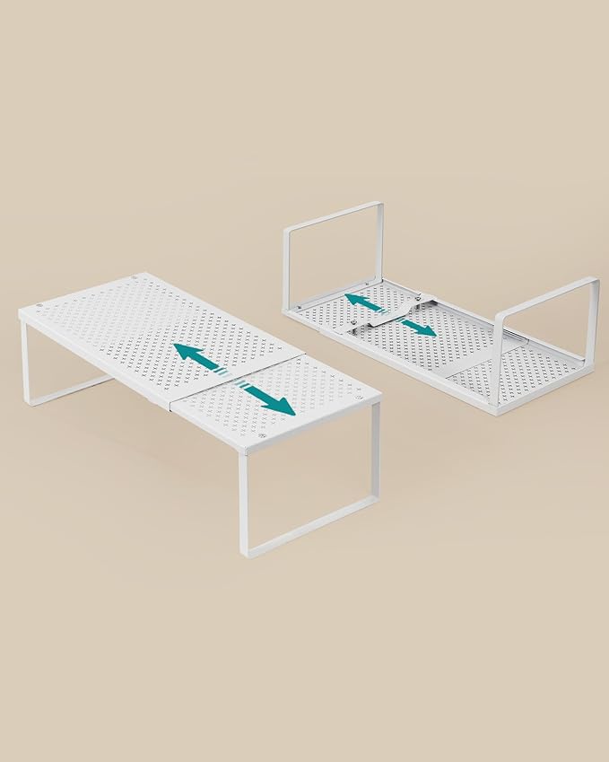 SONGMICS Set of 2 Expandable Pantry Kitchen Organizers, Adjustable Spice Rack, Stackable Cabinet Organizers, Metal, Space-Saving Tabletop Shelves, Matte White UKCS402W01