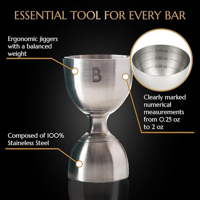 Double Bell Jigger by Bull In China - Classic Stainless Steel with 0.25oz to 2oz Measures for Cocktails, Bars & Bartenders