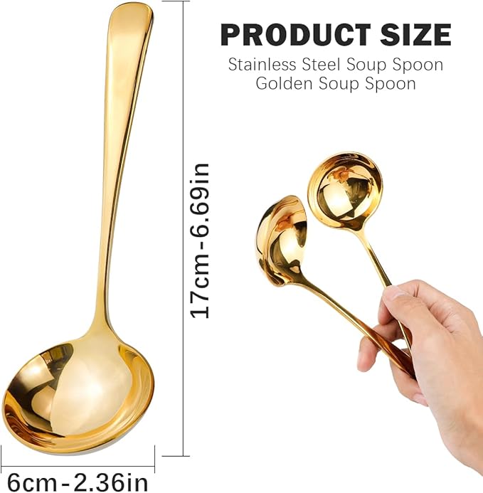 DOERDO 2Pack Stainless Steel Soup Spoons Small Ladle for Sauce Kitchen Table Serving Spoons, Gold 2.4x6.7 Inch