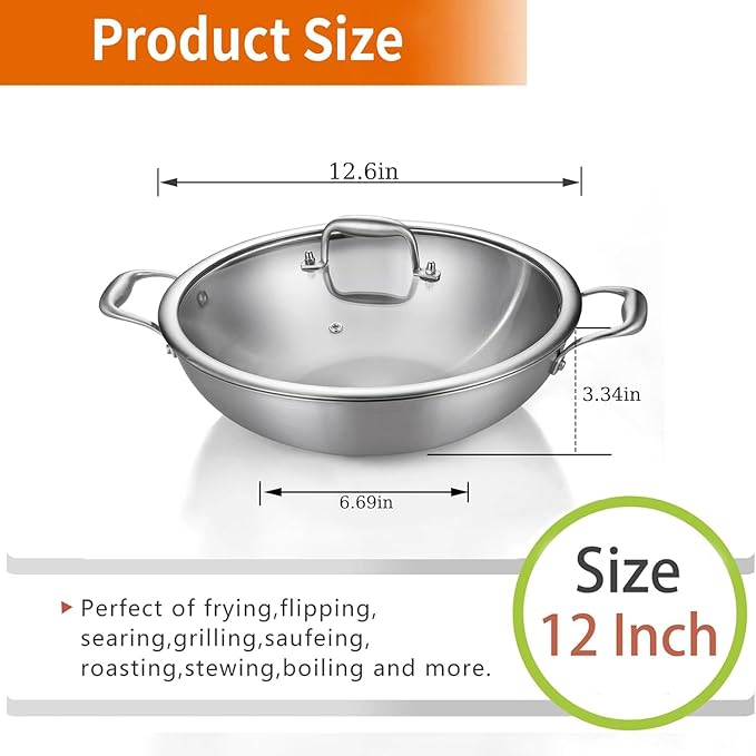 DELARLO Tri-Ply Stainless Steel Wok Pan With Lid, Fast & Even Heat 12Inch Large Stir Frying pan, Induction Saute Pan, Dishwasher Safe Cooking Pan, Induction, Broiler Safe 600℉