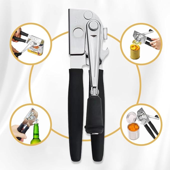 NUFR Commercial Heavy-Duty Manual Can Opener with Easy-Turn Crank, Long Rubber Handle & Magnetic Lid Holder