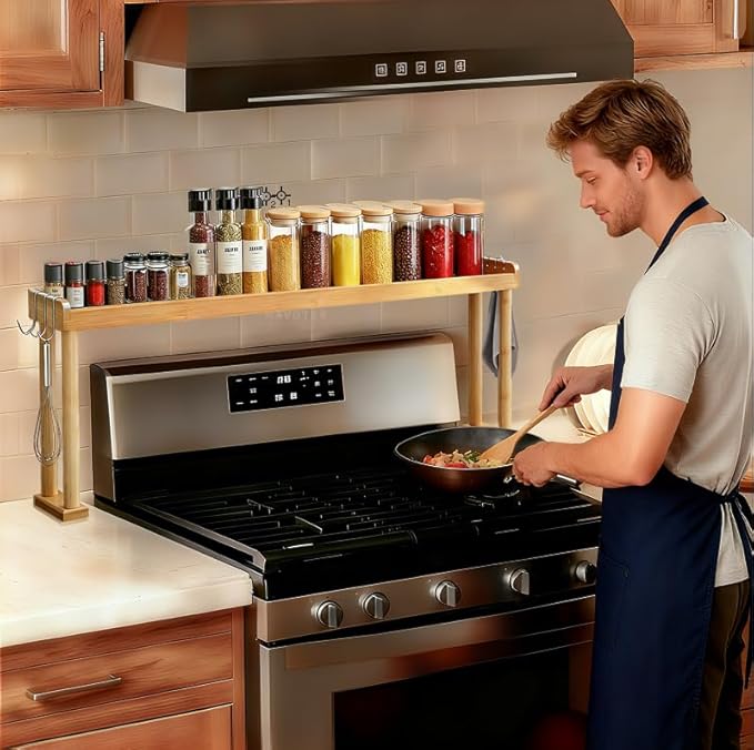 Over The Stove Top Shelf for Kitchen Bamboo Spice Rack Organizer for Back of Stove with Protective Lips & 6 Hooks,Easy Installation 33.5 * 4.5 * 13.4”