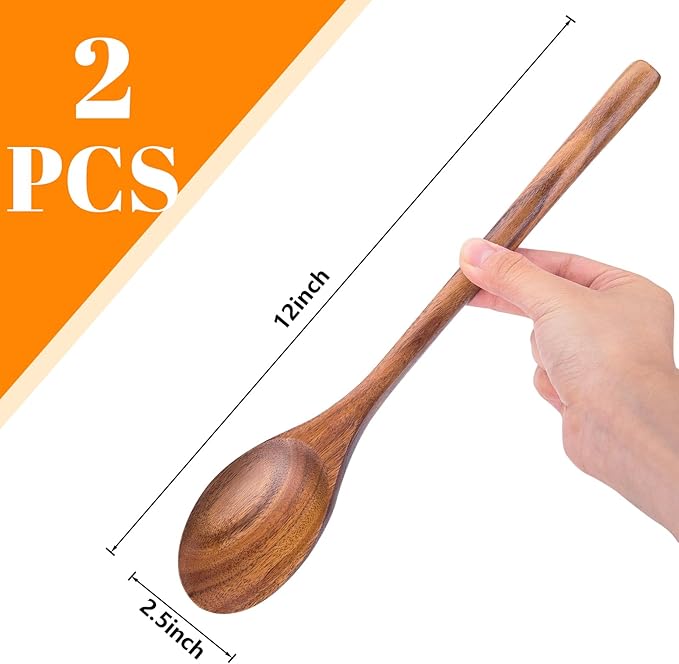 HAKSEN 2PCS Wooden Cooking Spoons, Natural Acacia Wood Kitchen Utensil, 12Inch Large Wooden Mixing Spoons for Nonstick Cookwares, Comfort Grip, Durable, Kitchen Gifts for Women, Cooking Gifts for Men