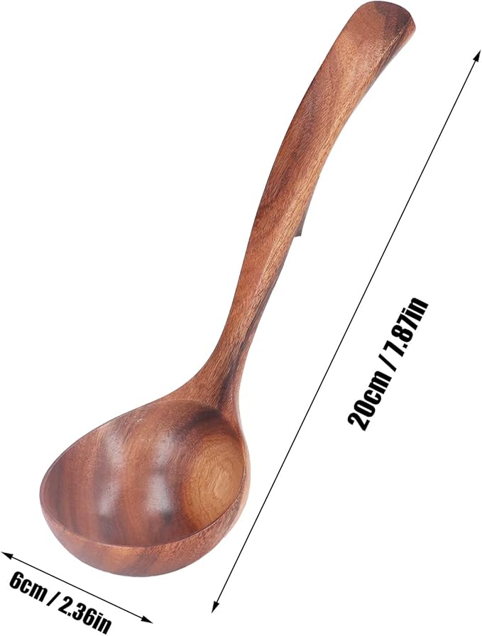 Wooden Ladle Spoon, Long Handle Wood Teak Soup Deep Serving Spoon Porridge for Cooking Kitchen Smooth Finish Lightweight Natural Texture Sustainable Handcrafted Versatile Utensil(7.87×2.36in)