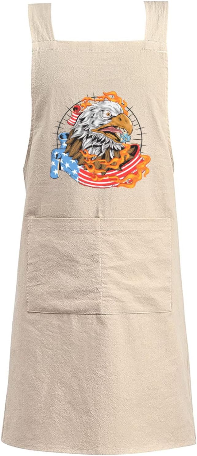 Cotton Linen Apron Non-tie Cross Back Kitchen Apron with Pockets Soft Comfortable Durable for Cooking Baking Gardening (Khaki)
