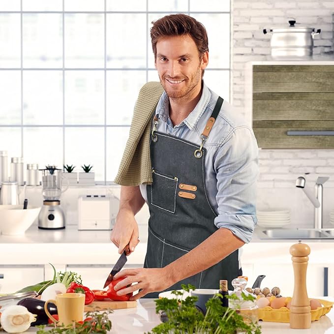 ZOMAO Chef Apron,Cross Back Apron for Women and Men,Cotton Canvas Apron with Adjustable Straps and Large Pockets,Kitchen Cooking Baking Bib Apron