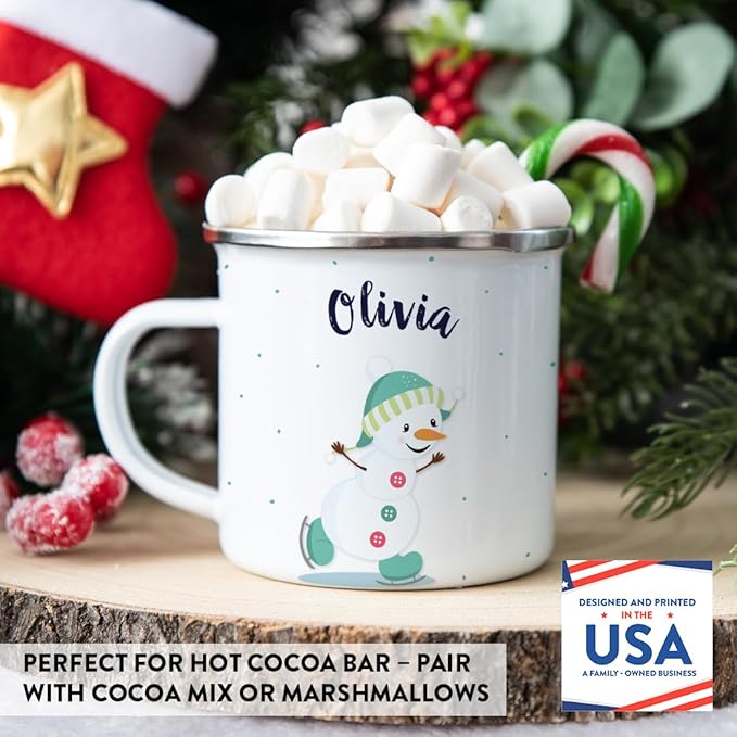 Andaz Press Personalized Name 11oz. Kids Christmas Hot Chocolate Stainless Steel Campfire Coffee Mug, Charming Snowman Aqua Ice Skates, 1-Pack, Custom Birthday Xmas Cup Kids Hot Chocolate Mug