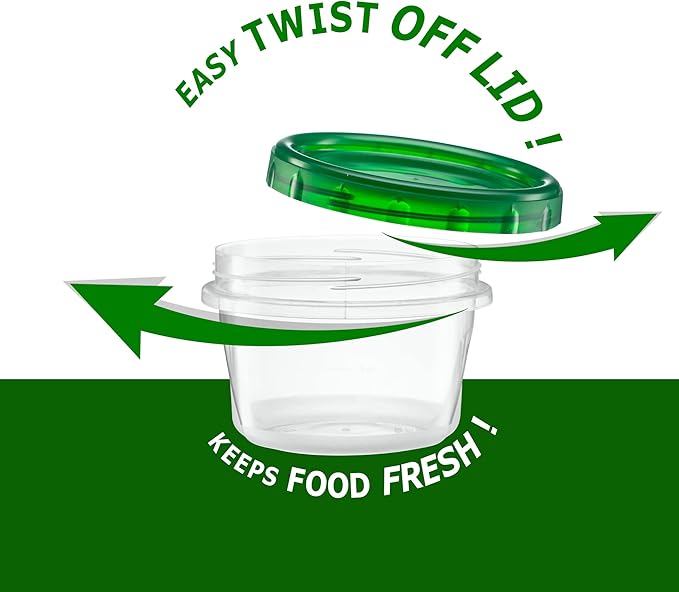 (8 Ounce 20 Pack) Twist cap Containers Clear Bottom With Green Top Screw on Lids Twist Top Food Storage Freezer Containers