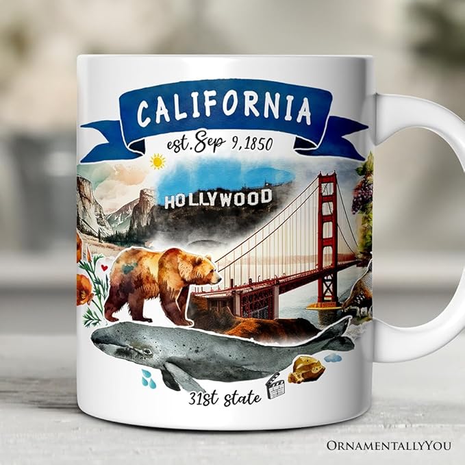 OrnamentallyYou State Travel Landmark Mugs – 12 oz Ceramic Coffee Cups, U.S. Souvenir Gift for Tourists (Artistic California State Themes and Landmarks Mug)