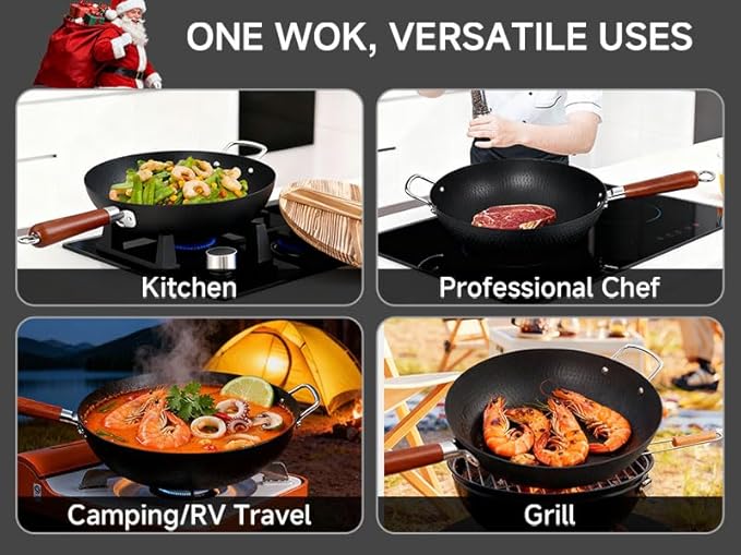 13.5" Carbon Steel Wok Pan with Wooden Lid Standable,Pre-Seasoned Flat Bottom Woks & Stir-fry Pans Chinese Cookware Compatible with Induction, Gas Pan-fry,Stir Fry, Steam, BBQ & Camping