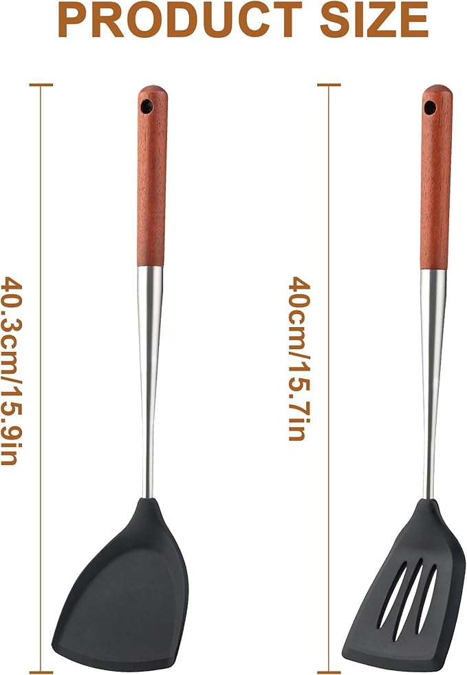 FJNATINH Silicone Spatula & Turner Set Slotted Spatulas,BPA Free Non Stick Heat-Resistant Cooking Utensils Kitchen Cookware with Wooden Handle (Walnut Handle-Spatulas 2PCS)