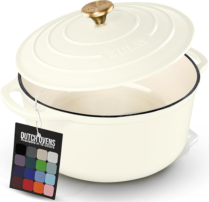 Zulay Kitchen 6 Quart Enameled Cast Iron Dutch Oven Pot with Lid – Premium Durability & Oven Safe up to 500°F – Heavy Duty Cookware Perfect for Bread Baking, Stews, Braising & Roasting – Ivory