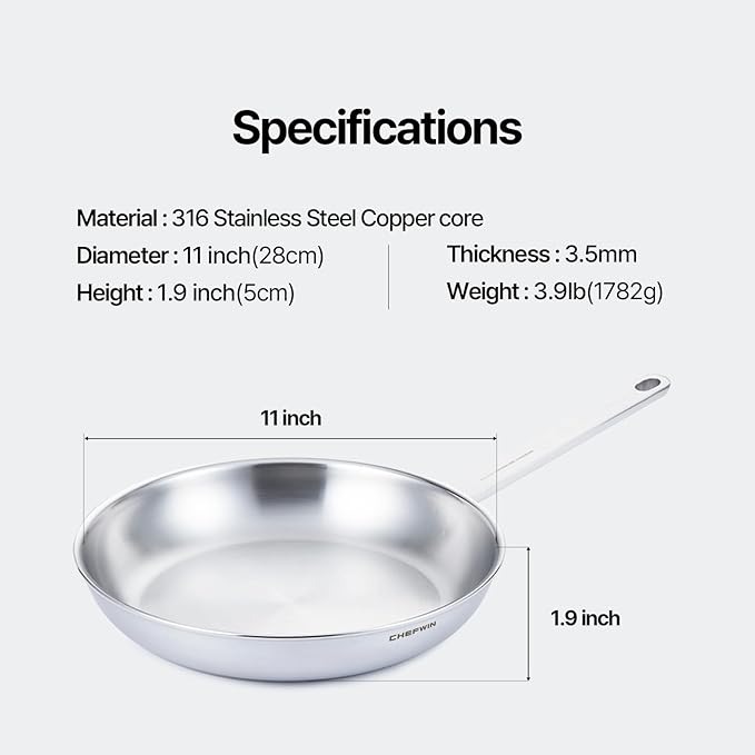 11 Inch Skillet Frying Pan 316 Stainless Steel Copper core 5-Ply Induction compatible Dishwasher & Oven Safe