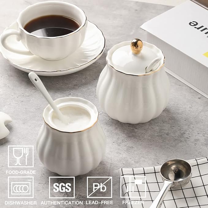 Sweejar Royal Ceramic Sugar Bowl, 8 Ounce Sugar Container with Spoon and Lid, Porcelain Salt Bowl Salt Container, Sugar Holder for Coffee Bar, Home and Kitchen(White)