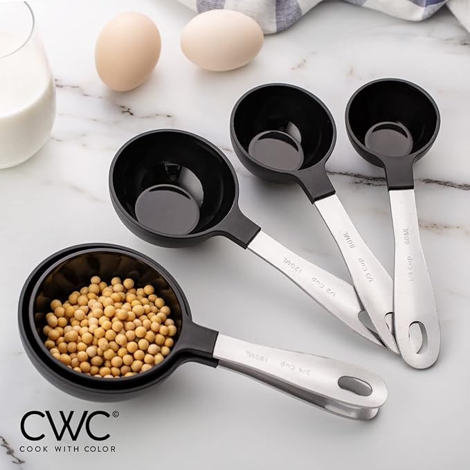 COOK WITH COLOR Measuring Cups Set and Measuring Spoon Set, Stainless Steel Handles, Nesting Kitchen Measuring Set, Liquid Measuring Cup Set, 12 PC Stainless Steel, Black