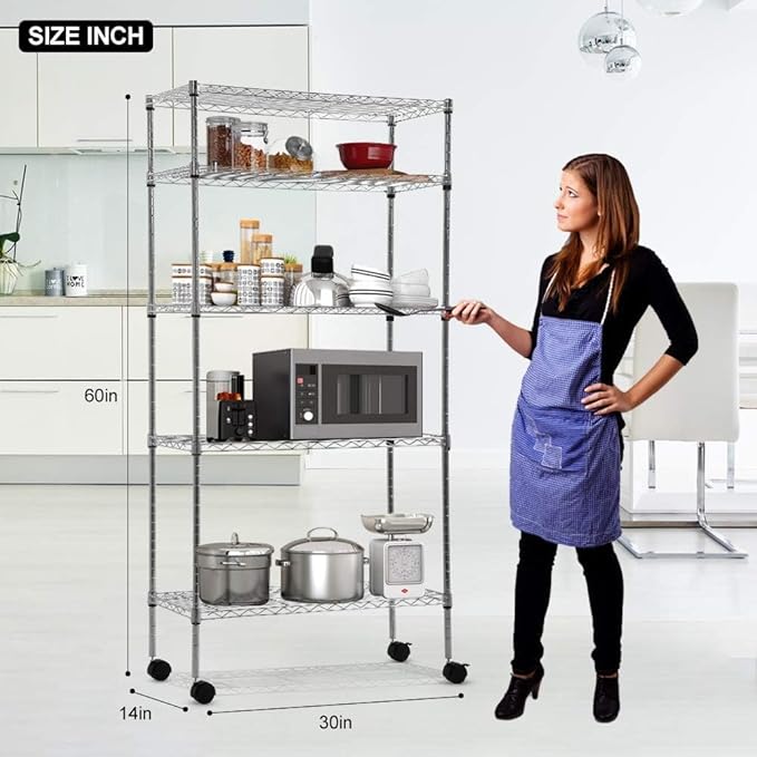 5-Shelf Adjustable Storage Shelf, Heavy Duty Storage Shelving Unit with Wheels, Standing Shelves Metal Organizer Wire Rack for Kitchen Bathroom Pantry, 30" L x 14" W x 60" H, Chrome