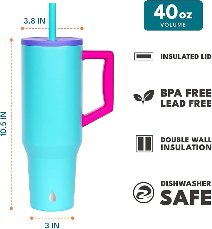 Elemental 40 oz Tumbler with Handle and Straw - Spill Proof Insulated Stainless Steel Commuter for Hot and Cold Beverages - Travel Coffee Mug with 2 Straws & Spill Proof Lid - 40oz - Blue Tie Dye