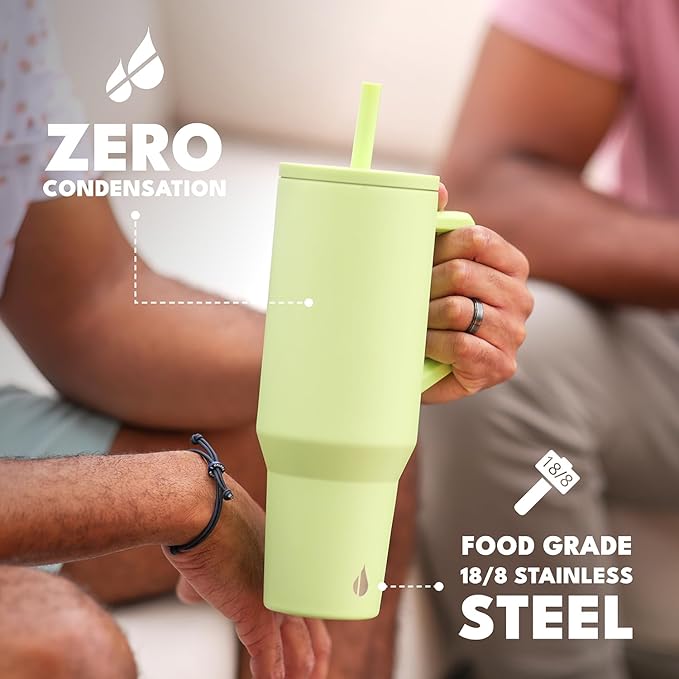 Elemental 40 oz Tumbler with Handle and Straw - Spill Proof Insulated Stainless Steel Commuter for Hot and Cold Beverages - Travel Coffee Mug with 2 Straws & Spill Proof Lid - 40oz - Key Lime