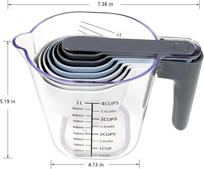 11 Pieces Measuring Cups and Spoons set, Includes 10 Stackable Measuring Cup with Lid and 1 Adjustable Measuring Spoon, Measuring Spoons Set for Liquid and Dry, BPA Free, Dishwasher Safe