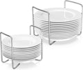Plate Holder for Kitchen Drawer - 2Pcs White Bamboo Dish Racks for Kitchen Counter - Adjust 6.75" to 12.5" Stainless Steel Plate and Bowl Organizer for Cabinet, RV, Countertop (S&L)