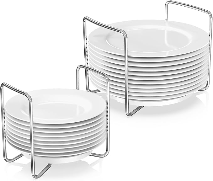 Plate Holder for Kitchen Drawer - 2Pcs White Bamboo Dish Racks for Kitchen Counter - Adjust 6.75" to 12.5" Stainless Steel Plate and Bowl Organizer for Cabinet, RV, Countertop (S&L)