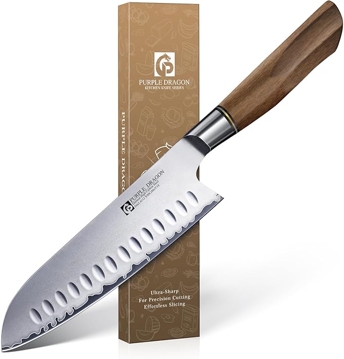 Purple Dragon Santoku Knife 7 Inch Japanese Chef Knife for Chopping Meat Cutting Vegetables, German Vg10 Steel Blade, Ergonomic Wooden Handle Christmas Gift for Men and Women