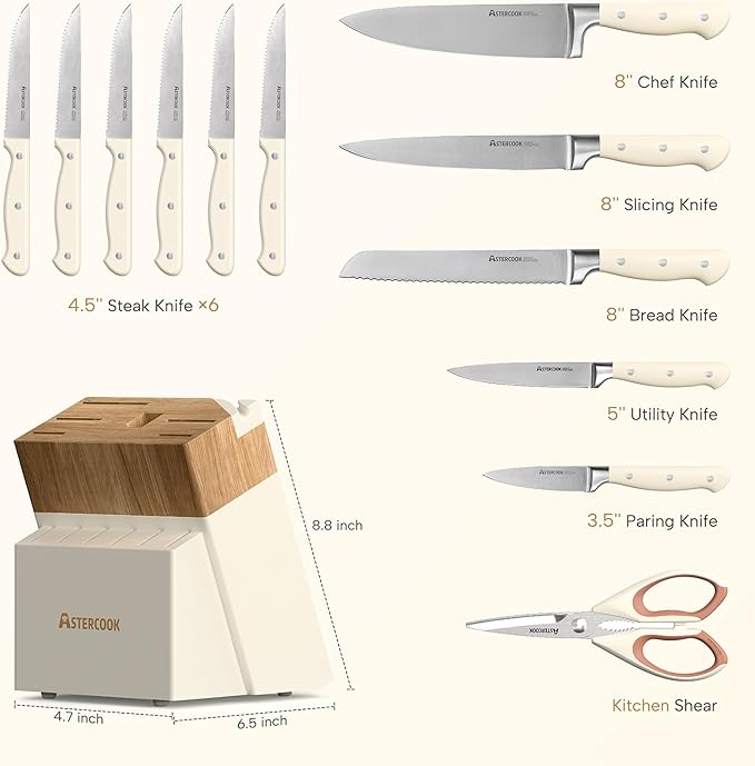Knife Set,Astercook Kitchen Knife Set with Block 14-Piece Full Tang Stainless Steel Knives with Sharpener Dishwasher Safe and Anti-Slip Ergonomic Handle Elegant Cream White Utensils Set