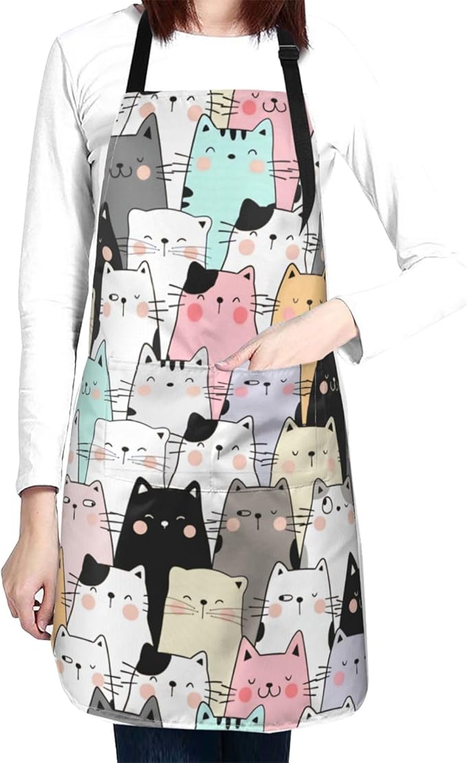 Cute Cat Apron Adjustable with 2 Pockets Cooking Kitchen Aprons for Men Women Outdoors Baking Chef Apron