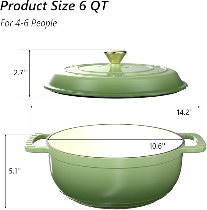 VINGLI 6QT Enameled Cast Iron Round Dutch Oven Pot with Lid, NonStick Casserole Pot with Dual Handles & Silicone GlovesRed, Oven Safe up to 500°F or on Stovetop, Dutch Oven for Bread Baking, Green