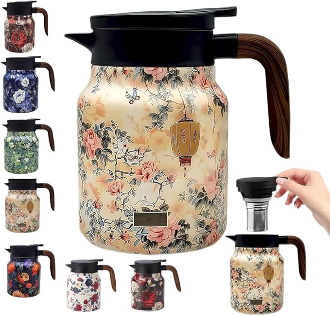 Vintage Floral Pattern Tea Pots – Built-in Infuser,Vintage Floral Teapot with Built In Infuser Stainless Steel Thermal Carafe with Lid for Hot Drinks,Pink(Wooden handle,35oz)
