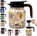 Vintage Floral Pattern Tea Pots – Built-in Infuser,Vintage Floral Teapot with Built In Infuser Stainless Steel Thermal Carafe with Lid for Hot Drinks,Pink(Wooden handle,35oz)