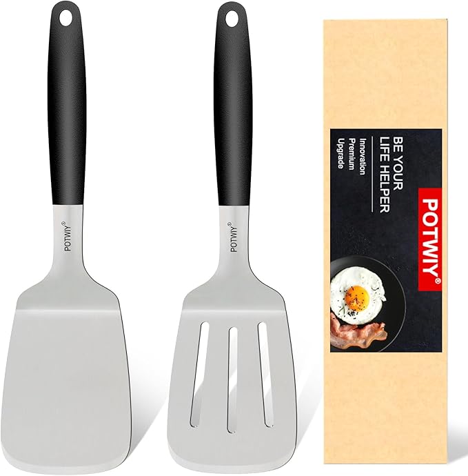 Stainless Steel Wide Spatula Set, Heavy Duty Large Metal Spatulas for Cast Iron Skillets Griddle and BBQ Grill, Solid and Slotted Turner with Silicone Handle for Smash Burgers and Pancake