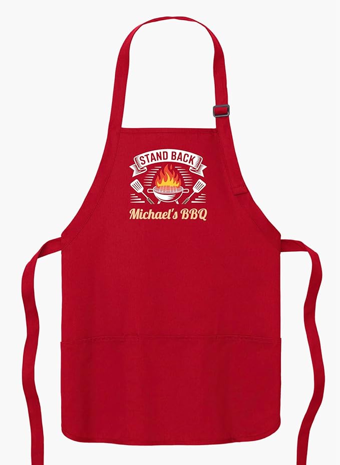Personalized Medium Length Cooking & Grill Apron – Stand Back Design with Custom Text (1-2 Lines)