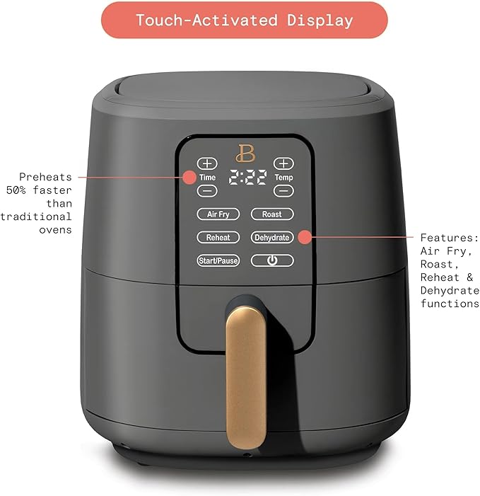 Beautiful 6 Qt Air Fryer with TurboCrisp Technology, EverGood Ceramic Nonstick Coating - Roast, Reheat and dehydrator, kitchen appliances by Drew Barrymore (Oyster Grey)