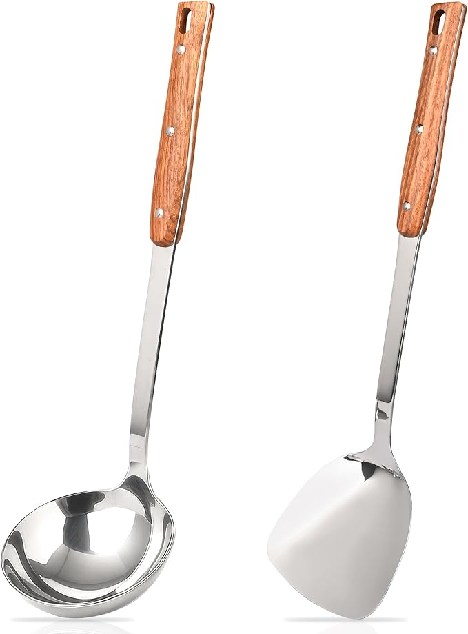 FJNATINH Wok Spatulas and Ladle, Heat Resistant Wooden Handle Wok Utensils, Stainless Steel Cooking Utensils for Serving, Turning, Stirring, Set of 2