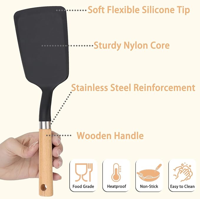 Silicone Spatula Turner, Heat Resistant Pancake Flipper Spatulas for Nonstick Cookware, Cooking Utensils with Wood Handle for Serving, Baking, Frying, Egg, Fish and Burger (1, Black)