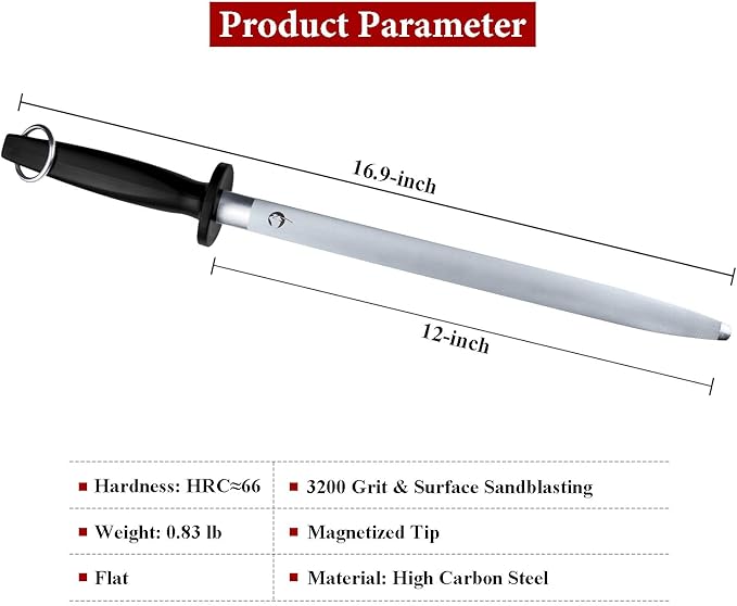 Honing Steel Knife Sharpener Steel Flat 12 IN Sharpening Rod for Kitchen Knives Carbon Steel Honing Rod