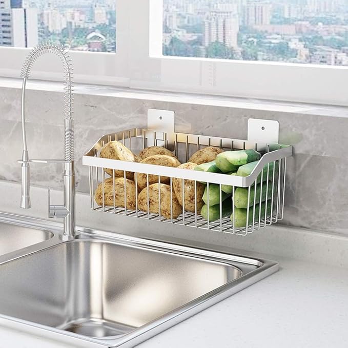 Kitchen Storage Metal Wire Fruit Basket - SUS304 Stainless steel Organizer Storage Bin Baskets for Bathroom - Space Saving Design for Pantry Organization （Silver）