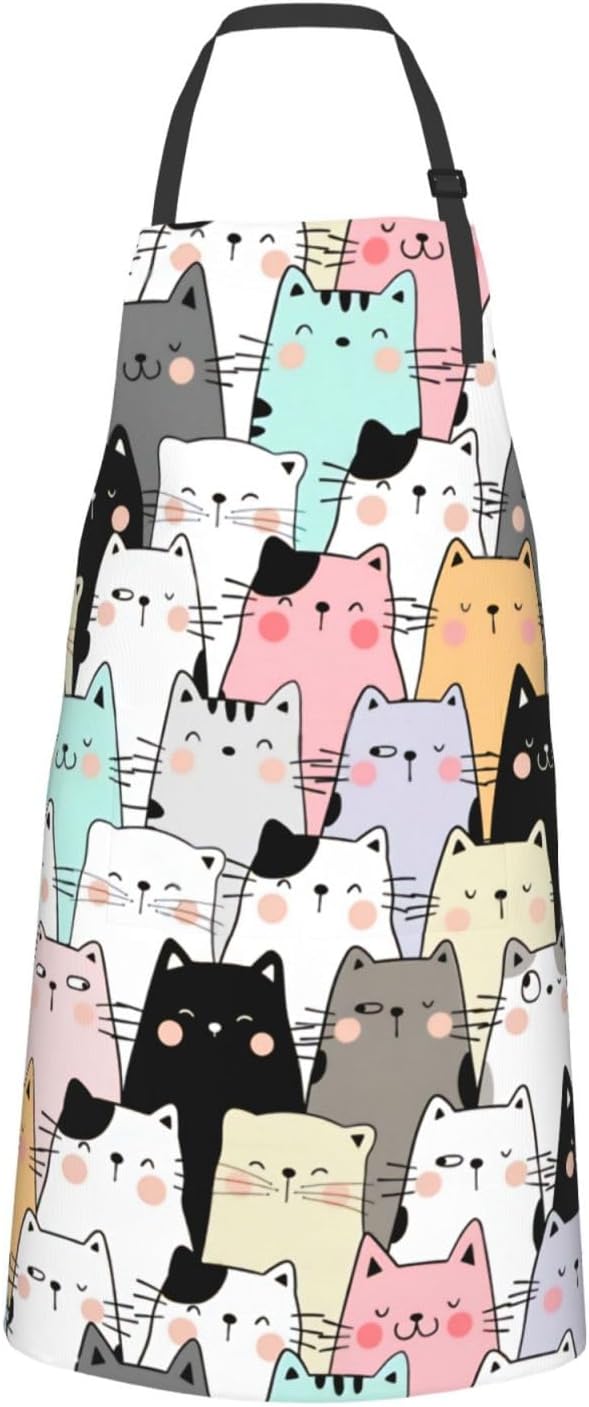 Cute Cat Apron Adjustable with 2 Pockets Cooking Kitchen Aprons for Men Women Outdoors Baking Chef Apron