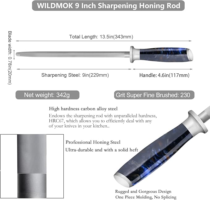 WILDMOK Honing Steel Super Hardness Sharpening Rod, 9 Inch Knife Sharpener