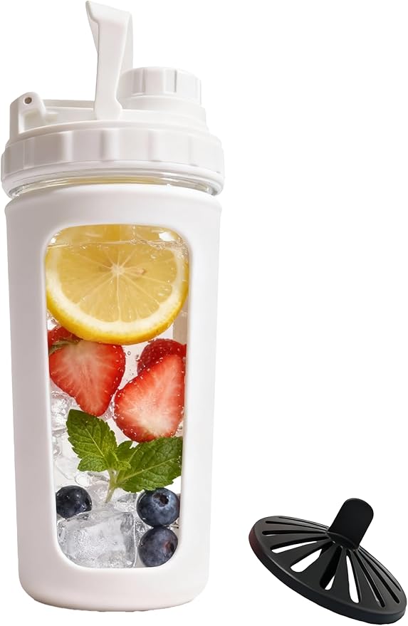 BYLWORKOUT Glass Shaker Bottle Holds upto 28oz | No Blending Ball or Whisk | Removable Plastic Mixer Included | Portable Drink Water Bottle Glass with Silicone Sleeve (White)