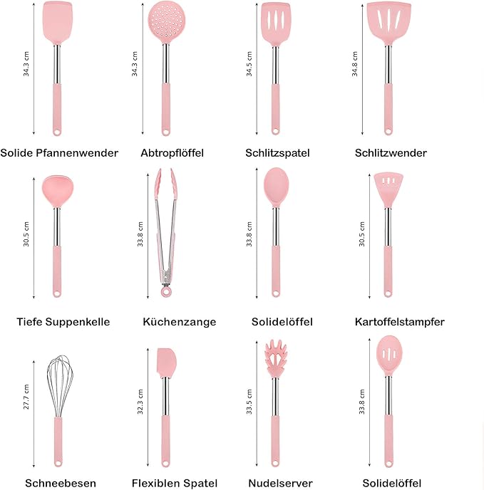 Rorence Kitchen Utensil Cooking Utensil Set for Baking Mixing: 12 Pieces Kitchen Gadgets Non-Stick & Heat Resistance Silicon and Stainless Steel Handles (Utensil Holder Not Included) - Pink