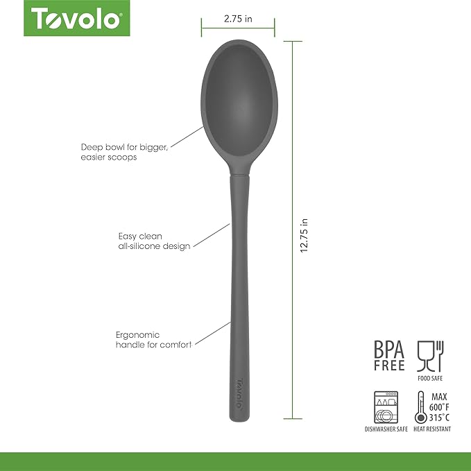Tovolo Flex-Core Non-Stick All Silicone Deep Spoon Kitchen Utensil for Mixing and Serving – Heat-Resistant, Dishwasher Safe & BPA Free - Charcoal
