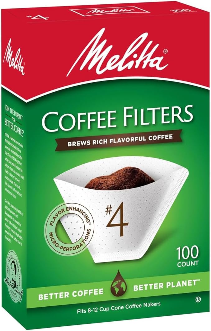 Melitta #4 Cone Coffee Filters, White, 100 Count (Pack Of 6), 600 Total Filters - Fits all 8-12 Cup Cone Coffee Makers and Pour-Overs, Compostable, Tear-Resistant, Made in USA