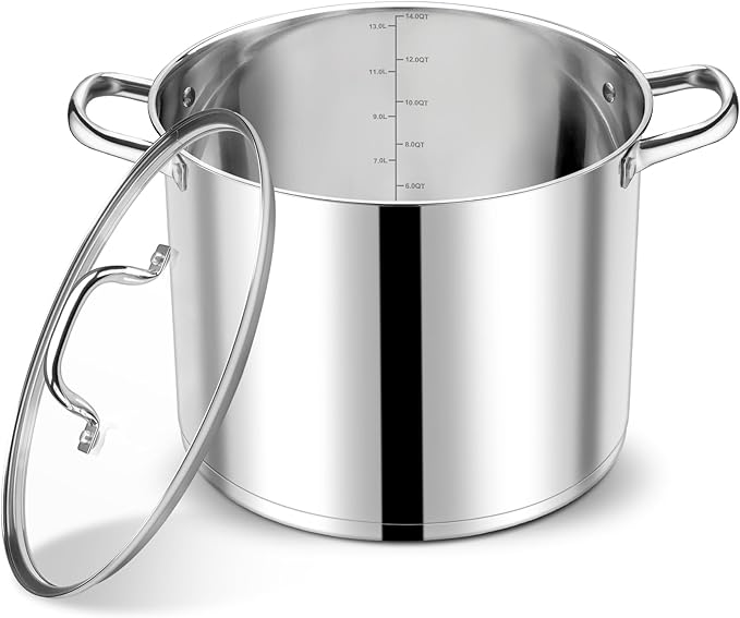 P&P CHEF 14 QT Stock Pot with Lid, Stainless Steel Large Cooking Pot, Soup Canning Stockpot for Stewing Simmering, Tri-ply Bottom for All Stoves, Heavy-Duty &Dishwasher Safe & Food-Grade