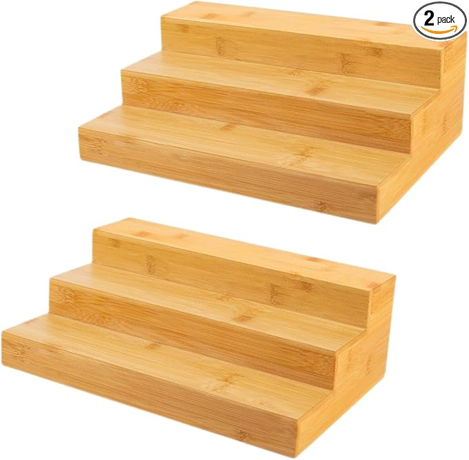 3-Tier Bamboo Spice Rack Organizer (2-Pack) - Countertop or Cabinet Storage Shelf for Kitchen Spices & Essentials