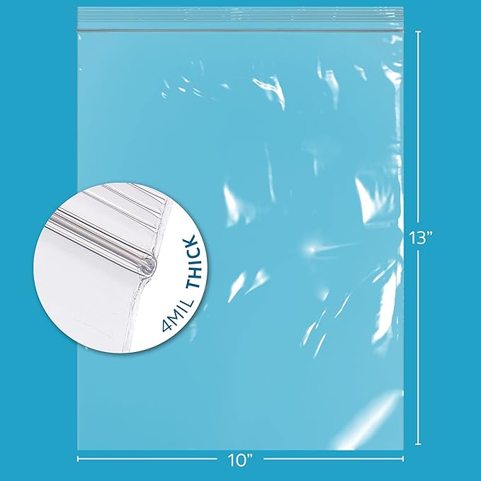 10" x 13" Heavy-Duty Zip Bags - 500 Count - Clear Plastic Reclosable Zipper Baggies, 4 Mil Thick Freezer Storage Poly Bags for Packaging Food, Clothing, Tools & Sharp Objects.