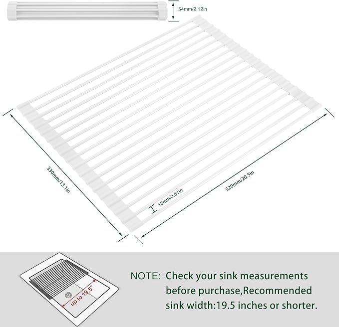 Roll Up Dish Drying Rack Over The Sink Kitchen Roll Up Sink Drying Rack Multipurpose Foldable Sink Drying Mat, Heat-Resistant, Anti-Slip & Anti-Rust Dish Rack for Kitchen, 20.5" x 13", White