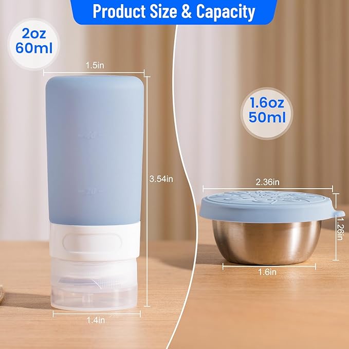 8-Pack Salad Dressing Container To Go, 2-oz Silicone Small Condiment Squeeze Bottles and 1.6 oz Stainless Steel Sauce Containers Cups, Leakproof Condiment Containers with Lids for Lunch Box